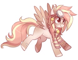 Size: 895x695 | Tagged: safe, artist:oddysies, imported from derpibooru, oc, oc only, pegasus, pony, bandaid, bandaid on nose, clothes, goggles, scarf, simple background, solo, striped scarf, white background