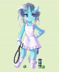 Size: 3378x4096 | Tagged: safe, artist:saxopi, imported from derpibooru, oc, oc only, oc:swift note, pony, semi-anthro, unicorn, ball, clothes, solo, sports, tennis, tennis ball, tennis racket