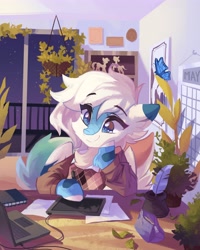 Size: 3275x4096 | Tagged: safe, artist:saxopi, imported from derpibooru, oc, oc only, oc:michini, butterfly, pegasus, pony, argyle, balcony, calendar, clothes, computer, female, indoors, inkwell, laptop computer, leaves, mare, night, notebook, potted plant, quill, sky, smiling, solo, sweater, tablet