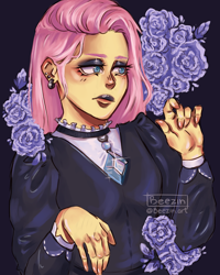 Size: 2268x2828 | Tagged: safe, artist:bumblebeesart, imported from derpibooru, fluttershy, human, equestria girls, choker, clothes, dress, ear piercing, earring, eyeshadow, female, flower, fluttergoth, jewelry, makeup, piercing, rose, solo