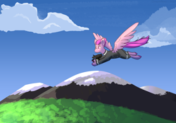 Size: 4300x3000 | Tagged: safe, artist:circumflexs, imported from derpibooru, oc, pegasus, pony, clothes, flying, solo, weapon