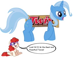 Size: 1190x958 | Tagged: safe, imported from derpibooru, trixie, twist, earth pony, pony, candy, candy costume, clothes, costume, female, filly, foal, food, food costume, glasses, lisp, pun, simple background, speech bubble, text, twix, white background