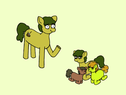 Size: 1600x1200 | Tagged: safe, artist:potatoconnoisseur, derpibooru exclusive, imported from derpibooru, oc, oc only, oc:deedee megadoodoo, oc:smelly bigshit, oc:up beet, earth pony, pony, aunt, aunt and nephew, blank flank, colt, family, female, filly, foal, lying, male, mare, mother, mother and child, mother and daughter, ponyloaf, prone, simple background, trio