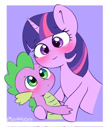 Size: 1768x2048 | Tagged: safe, artist:leo19969525, imported from derpibooru, spike, twilight sparkle, dragon, pony, unicorn, blushing, cute, duo, female, horn, male, mare, simple background, smiling, spikabetes, twiabetes