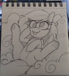 Size: 1670x1836 | Tagged: safe, artist:lockheart, imported from derpibooru, derpy hooves, pegasus, pony, butt, cloud, cute, derpabetes, female, grayscale, lying down, lying on a cloud, mare, monochrome, on a cloud, on back, pencil drawing, plot, solo, traditional art, underhoof