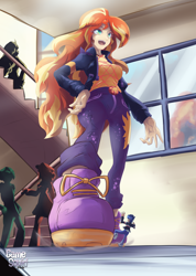 Size: 3020x4240 | Tagged: safe, artist:gamesquid, imported from derpibooru, flash sentry, sunset shimmer, human, equestria girls, breasts, commission, eye clipping through hair, eyebrows, eyebrows visible through hair, female, female focus, hand on hip, high res, human coloration, male, micro, open mouth, perspective, shrunken, signature, solo focus, unaware