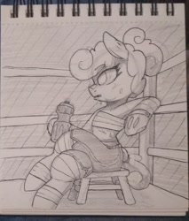 Size: 1836x2157 | Tagged: safe, artist:lockheart, imported from derpibooru, oc, oc:polly poppyseed, earth pony, pony, boxing ring, clothes, female, foot wraps, gloves, grayscale, hoof gloves, mare, monochrome, pencil drawing, sitting, solo, sweat, traditional art