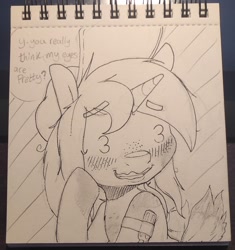 Size: 1726x1836 | Tagged: safe, artist:lockheart, imported from derpibooru, oc, oc only, pony, unicorn, blushing, dialogue, embarrassed, grayscale, monochrome, pencil drawing, solo, speech bubble, traditional art