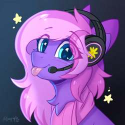 Size: 1800x1800 | Tagged: safe, artist:sonigiraldo, imported from derpibooru, oc, oc only, oc:lillybit, earth pony, pony, :p, adorkable, chest fluff, clothes, cute, dork, earth pony oc, gaming headset, headphones, headset, scarf, silly, solo, stars, tongue out