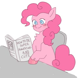 Size: 1500x1500 | Tagged: safe, artist:exxi00, imported from derpibooru, pinkie pie, earth pony, pony, blushing, book, chair, chest fluff, reading, simple background, sitting, smiling, solo, table, white background