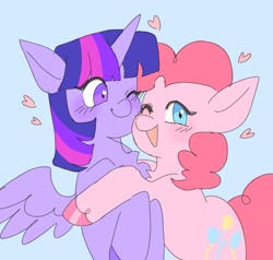 Size: 2097x1995 | Tagged: safe, artist:exxi00, imported from derpibooru, pinkie pie, twilight sparkle, alicorn, earth pony, pony, blue background, blushing, chest fluff, cute, diapinkes, duo, duo female, female, heart, hug, lesbian, one eye closed, open mouth, open smile, shipping, simple background, smiling, spread wings, twiabetes, twilight sparkle (alicorn), twinkie, wings