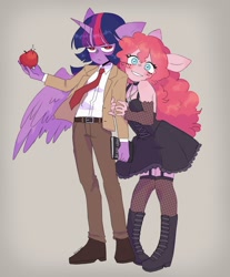 Size: 2400x2900 | Tagged: safe, artist:exxi00, imported from derpibooru, pinkie pie, twilight sparkle, alicorn, anthro, earth pony, apple, blushing, book, clothes, crossover, death note, dress, duo, eyebrows, eyebrows visible through hair, female, fishnets, food, horn, jewelry, lesbian, light yagami, misa amane, necklace, necktie, pony ears, shipping, smiling, spread wings, suit, twilight sparkle (alicorn), twinkie, wings