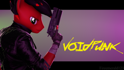 Size: 3840x2160 | Tagged: safe, artist:fireemerald123, imported from derpibooru, oc, oc only, oc:page feather, anthro, 3d, clothes, furry, gradient background, gun, handgun, jacket, leather jacket, revolver, solo, source filmmaker, voidpunk, watermark