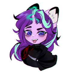 Size: 1000x1000 | Tagged: safe, artist:yoiha, imported from derpibooru, starlight glimmer, pony, unicorn, bust, clothes, collaboration, collaboration:choose your starlight, ear fluff, fangs, female, looking at you, magic, magic aura, simple background, solo, tongue out, transparent background
