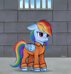 Size: 993x1024 | Tagged: safe, artist:mn27, imported from derpibooru, rainbow dash, pegasus, pony, chained, clothes, commission, commissioner:rainbowdash69, jail, jail cell, never doubt rainbowdash69's involvement, prison, prison outfit, prisoner rd, sad, solo