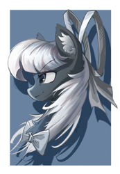 Size: 1417x2048 | Tagged: safe, artist:gale spark, artist:疾云星火, imported from derpibooru, oc, oc only, oc:wbw, oc:wbwpony, pegasus, pony, black and white, black fur, bowtie, confident, ear fluff, grayscale, monochrome, pegasus oc, side view, solo, wbw, wbwpony, white hair, white mane, 白黑白, 🎀