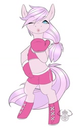 Size: 705x1132 | Tagged: safe, artist:herhornedhighness, imported from derpibooru, oc, oc only, oc:love punch, pony, bipedal, boxing, boxing gloves, clothes, female, looking at you, mare, pink, simple background, smooch, solo, sports, sports bra, white background