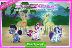 Size: 1027x688 | Tagged: safe, imported from derpibooru, cactus rose, marini, abada, kelpie, zebra, advertisement, crystal (g4), dust devil (idw), female, gameloft, mare, ms. alegre, nonbinary, official