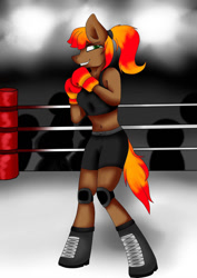 Size: 752x1063 | Tagged: safe, artist:glacy art, imported from derpibooru, oc, oc:maple fall, anthro, earth pony, unguligrade anthro, boxing, boxing gloves, clothes, female, smiling, sports, sports bra