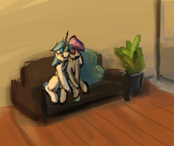 Size: 2391x2015 | Tagged: safe, artist:s410, derpibooru exclusive, imported from derpibooru, oc, oc:catmint, oc:mysza, pegasus, pony, unicorn, couch, potted plant, sketch