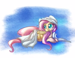 Size: 3300x2550 | Tagged: safe, artist:leadhooves, imported from derpibooru, fluttershy, pegasus, pony, cute, daaaaaaaaaaaw, female, high res, lying down, mare, prone, sheet, shyabetes, solo