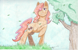 Size: 2550x1645 | Tagged: safe, artist:itsjustmeg, imported from derpibooru, oc, oc only, oc:copper charm, earth pony, pony, amputee, colored pencil drawing, female, mare, prosthetic leg, prosthetic limb, prosthetics, solo, traditional art