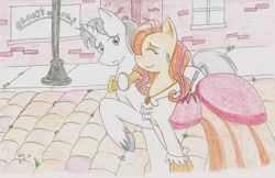 Size: 2533x1638 | Tagged: safe, artist:itsjustmeg, imported from derpibooru, oc, oc only, earth pony, pony, unicorn, clothes, colored pencil drawing, dress, female, male, mare, shipping, stallion, traditional art