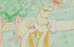 Size: 2465x1565 | Tagged: safe, artist:itsjustmeg, imported from derpibooru, applejack, earth pony, pony, apple, apple tree, applejack's hat, colored pencil drawing, cowboy hat, female, hat, mare, solo, traditional art, tree