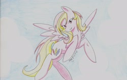 Size: 2454x1538 | Tagged: safe, artist:itsjustmeg, imported from derpibooru, feathermay, pegasus, pony, colored pencil drawing, female, mare, solo, traditional art