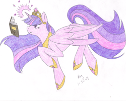 Size: 2736x2198 | Tagged: safe, artist:itsjustmeg, imported from derpibooru, twilight sparkle, alicorn, pony, big crown thingy, book, colored pencil drawing, element of magic, female, hoof shoes, jewelry, mare, older, older twilight, peytral, regalia, traditional art, twilight sparkle (alicorn)