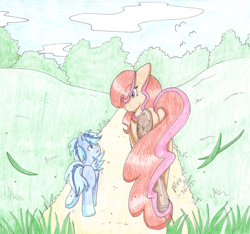 Size: 2498x2341 | Tagged: safe, artist:itsjustmeg, imported from derpibooru, oc, oc only, oc:copper charm, earth pony, pegasus, pony, amputee, butt, colored pencil drawing, colt, duo, female, foal, male, mare, one wing out, plot, prosthetic leg, prosthetic limb, prosthetics, traditional art, wings
