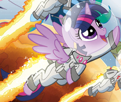 Size: 1404x1177 | Tagged: safe, artist:tonyfleecs, idw, imported from derpibooru, twilight sparkle, alicorn, pony, astronaut, cropped, female, jetpack, jewelry, mare, ponies in space, solo, space helmet, spacesuit, spread wings, twilight sparkle (alicorn), wings