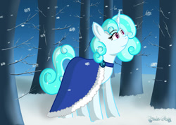 Size: 1280x906 | Tagged: safe, artist:tenderrain-art, imported from derpibooru, oc, oc only, oc:snow star, pony, unicorn, clothes, female, forest, mare, snow, solo