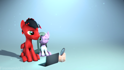 Size: 3840x2160 | Tagged: safe, artist:fireemerald123, imported from derpibooru, oc, oc:diane, oc:page feather, pegasus, 3d, clock, computer, female, filly, foal, gradient background, laptop computer, source filmmaker
