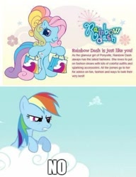 Size: 398x519 | Tagged: safe, imported from derpibooru, rainbow dash, rainbow dash (g3), earth pony, pegasus, pony, bag, cloud, female, g3, g3.5, g4, generational ponidox, girly girl, impact font, meme, needs more jpeg, no, rainbow dash always dresses in style, shopping bag, tomboy