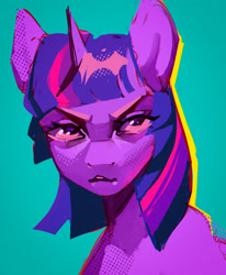 Size: 2480x3004 | Tagged: safe, artist:annna markarova, imported from derpibooru, twilight sparkle, pony, unicorn, angry, blue background, cyan background, female, simple background, solo, unicorn twilight