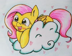 Size: 3868x2979 | Tagged: safe, artist:twiliset, imported from derpibooru, fluttershy, pegasus, pony, blushing, cloud, cute, daaaaaaaaaaaw, happy, heart, heart eyes, on a cloud, open mouth, open smile, pencil drawing, shyabetes, simple background, smiling, solo, traditional art, wingding eyes, wings