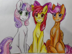 Size: 1024x768 | Tagged: safe, artist:kitsu-chan11, imported from derpibooru, apple bloom, scootaloo, sweetie belle, earth pony, pegasus, pony, unicorn, bow, cutie mark crusaders, female, filly, foal, grin, hair bow, smiling, traditional art