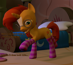 Size: 1200x1080 | Tagged: safe, artist:meteor_mirage, imported from derpibooru, sunburst, pony, unicorn, 3d, bed, bedroom, clothes, confused, glasses, missing accessory, socks, solo, source filmmaker, striped socks, sunburst's glasses, text