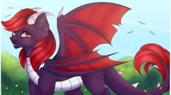 Size: 3916x2180 | Tagged: safe, artist:highrolleryt, imported from derpibooru, oc, oc only, oc:scarlet spectrum, dracony, dragon, hybrid, horns, outdoors, solo