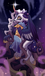 Size: 1751x2967 | Tagged: safe, artist:gkolae, imported from derpibooru, oc, oc only, alicorn, pony, alicorn oc, clothes, cloven hooves, horn, night, solo, stars, unshorn fetlocks, wings