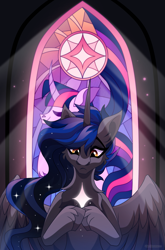 Size: 1939x2946 | Tagged: safe, artist:gkolae, imported from derpibooru, twilight sparkle, oc, alicorn, pony, alicorn oc, duo, ethereal mane, female, horn, mare, stained glass, starry mane, unshorn fetlocks, wings