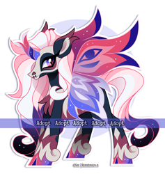 Size: 2440x2579 | Tagged: safe, artist:gkolae, imported from derpibooru, oc, oc only, alicorn, pony, abstract background, adoptable, alicorn oc, cloven hooves, curved horn, horn, solo, starry wings, unshorn fetlocks, watermark, wings