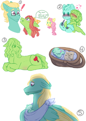 Size: 2500x3500 | Tagged: safe, artist:purplegrim40, imported from derpibooru, fluttershy, tree hugger, zephyr breeze, oc, pony, baby, baby pony, blushing, exclamation point, female, glasses, hug, male, mare, offspring, parent:tree hugger, parent:zephyr breeze, parents:zephyrhugger, pregnant, simple background, stallion, swaddling, white background