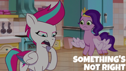 Size: 1920x1080 | Tagged: safe, edit, edited screencap, editor:quoterific, imported from derpibooru, screencap, pipp petals, zipp storm, pegasus, pony, spoiler:g5, spoiler:my little pony: tell your tale, spoiler:tyts01e10, duo, female, flying, g5, mare, my little pony: tell your tale, open mouth, spread wings, sunny-day dinners, text, wings