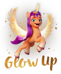 Size: 500x600 | Tagged: safe, imported from derpibooru, sunny starscout, alicorn, earth pony, pony, alicornified, cropped, design, female, flying, g5, mare, merchandise, my little pony: a new generation, official, race swap, shirt design, simple background, sunnycorn, text, transparent background