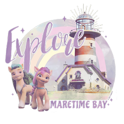 Size: 650x650 | Tagged: safe, imported from derpibooru, hitch trailblazer, sunny starscout, earth pony, pony, cropped, design, duo, female, g5, lighthouse, male, mare, maretime bay, merchandise, my little pony: a new generation, official, shirt design, simple background, stallion, text, transparent background