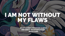 Size: 1920x1080 | Tagged: safe, edit, editor:quoterific, idw, imported from derpibooru, princess celestia, alicorn, pony, reflections, spoiler:comic, female, flying, mare, open mouth, solo, spread wings, text, wings