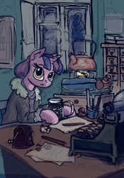 Size: 756x1080 | Tagged: safe, artist:agm, imported from derpibooru, twilight sparkle, pony, clothes, cup, cup holder, desk, female, interior, jacket, kettle, looking at you, mare, pencil, sitting, solo, typewriter