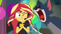 Size: 1280x720 | Tagged: safe, edit, edited screencap, imported from derpibooru, screencap, sunset shimmer, cat, human, all the world's off stage, equestria girls, equestria girls series, aaaaaaahhhhh, balloon, director shimmer, screaming, tom and jerry, tom cat